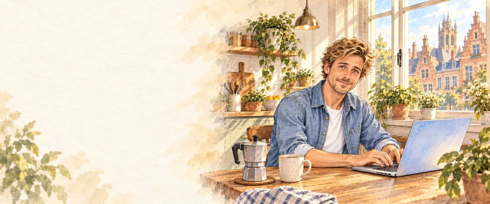 Illustration à l’aquarelle : Jonas travaille depuis sa cuisine, à Gand, sur son ordinateur portable.