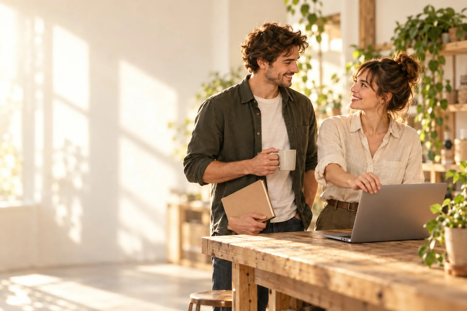 Deux associés d’une petite entreprise, café à la main, ouvrent un ordinateur portable dans un atelier ensoleillé