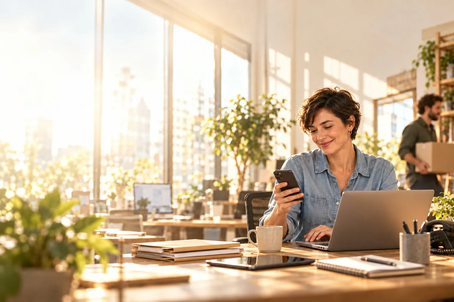 Une responsable sourit en lisant son téléphone, devant son ordinateur portable, des dossiers et un téléphone de bureau, dans un bureau ensoleillé