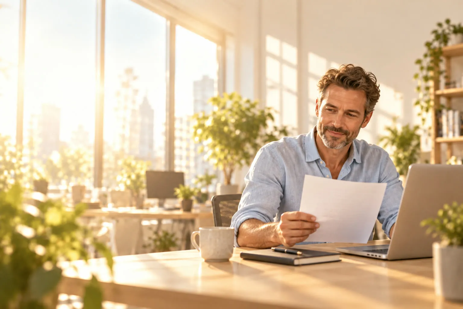 Un dirigeant relit un document à son bureau, son ordinateur portable ouvert, dans un bureau baigné de soleil