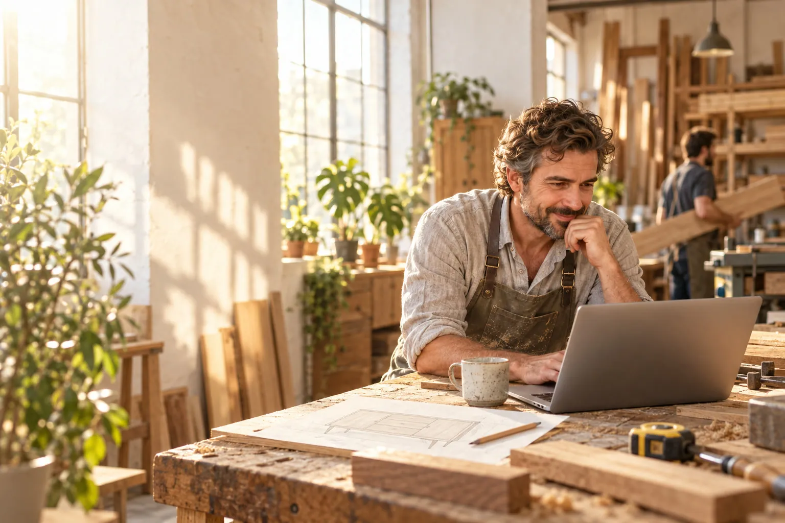 Un menuisier devant son ordinateur portable, sur l’établi de son atelier baigné de soleil