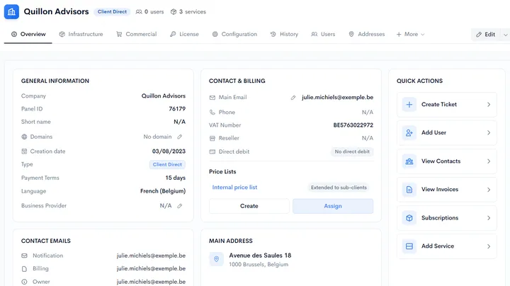 La fiche d’un client dans Neoo : informations générales, contact et facturation, listes de prix et actions rapides