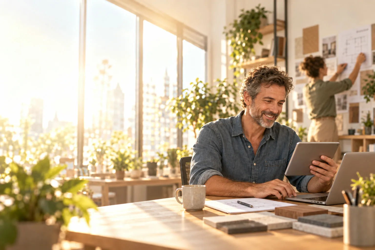Le gérant d’un bureau de rénovation sourit en consultant sa tablette, à côté d’échantillons de matériaux, dans un atelier baigné de soleil