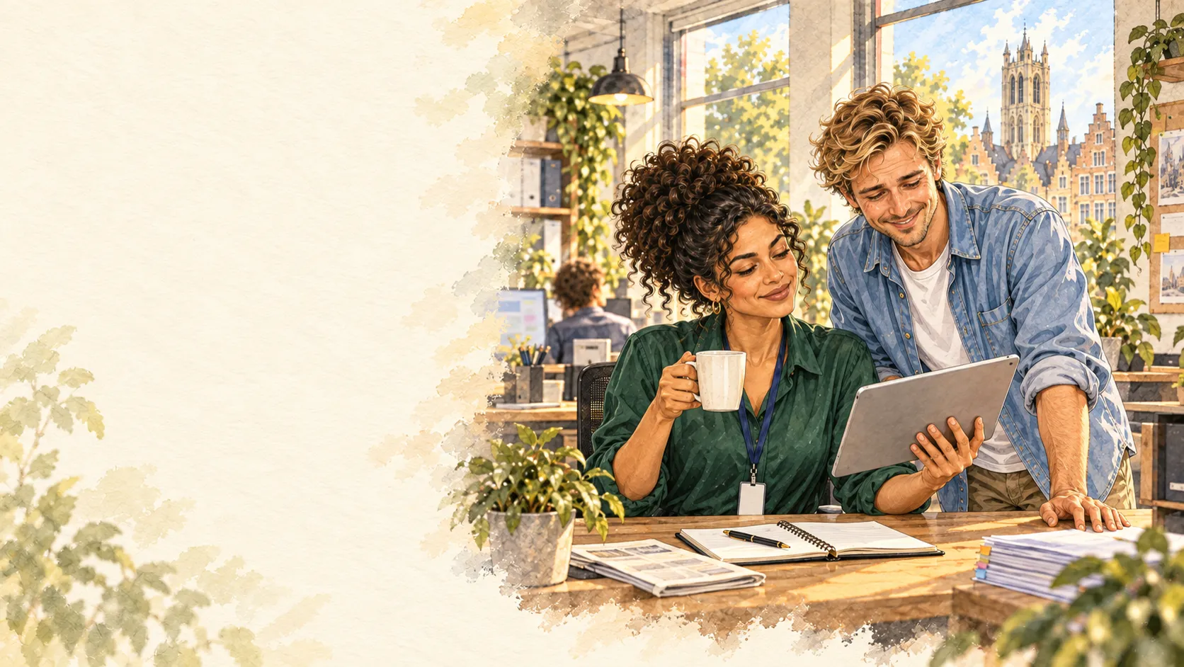 Illustration à l’aquarelle : Nadia et Jonas découvrent les nouveautés Cloudbizz sur une tablette, dans un bureau lumineux de Gand.