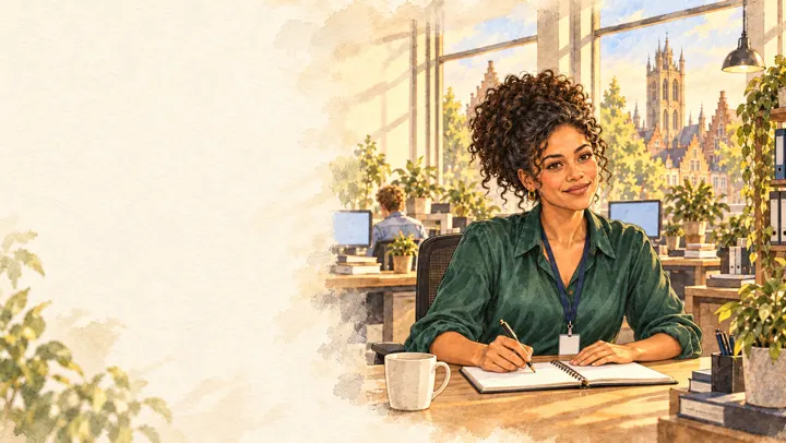 Illustration à l’aquarelle : Nadia, souriante, écrit dans un carnet à son bureau, devant les toits de Gand.