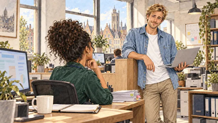 Illustration à l’aquarelle : Jonas, un ordinateur portable à la main, s’adresse à Nadia assise à son bureau.