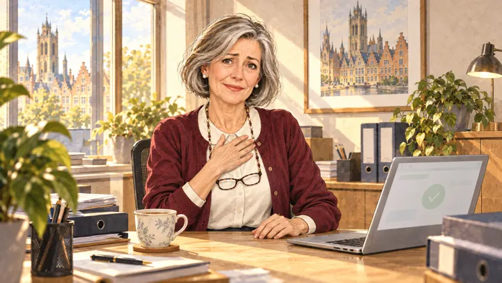 Illustration à l’aquarelle : Greet, soulagée, la main sur le cœur, à son bureau.