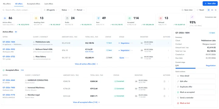 Interface Neoo : liste des offres actives et acceptées avec leurs montants et leurs statuts.