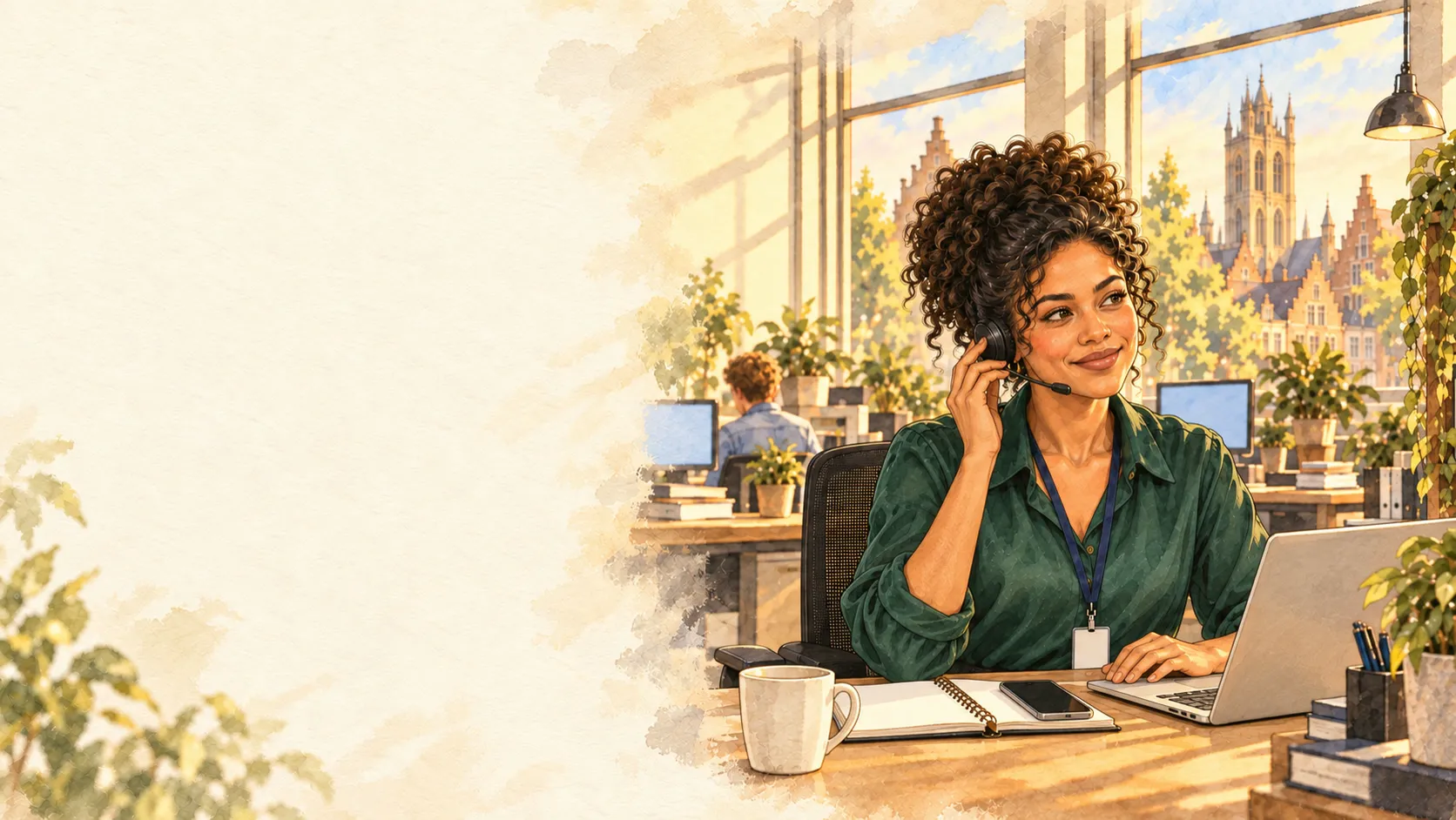 Illustration à l’aquarelle : Nadia, office manager, prend un appel avec son casque dans un bureau lumineux de Gand.